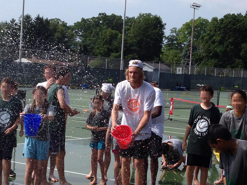 Team activity, working together. Coaches participate! Keeping cool on a hot day!